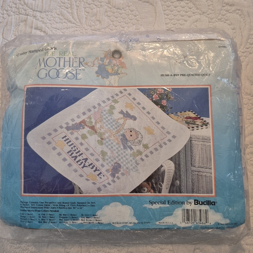 Bucilla Stamped Hush A Bye pre quilted quilt, cross stitch floss needed